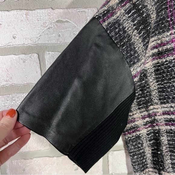 St John Plaid Mohair Wool Blend Leather Trim Short Sleeve Sweater Size L - Picture 4 of 11